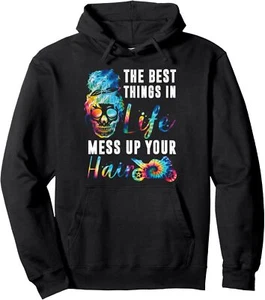 The Best Things In Life Mess Up Your Hair Skelly Motorcycle Pullover Hoodie - Picture 1 of 8