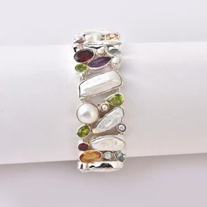 NATURAL PEARL ,MULTIGEMSTONE(4-25 MM) 925SILVER HANDMADE BRACELET JEWELRY GIFT - Picture 1 of 9