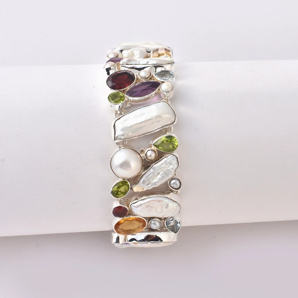 NATURAL PEARL ,MULTIGEMSTONE(4-25 MM) 925SILVER HANDMADE BRACELET JEWELRY GIFT - Image 1 of 4