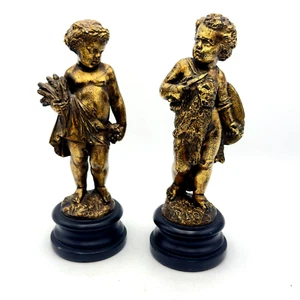 Vintage Pair of Gilt Borghese Four Seasons Autumn Cherubs Shield Flowers 11" - Picture 1 of 12