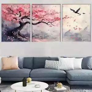 3pcs Cherry Blossom Tree and Flying Birds Wall Art Canvas Unframed/Framed - Picture 1 of 10