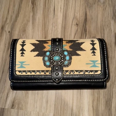 Cartera Montana West Western Turquesa Concho Suroeste Navajo Cuero Marrón Foto 1 de 4