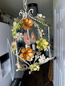 VTG Retro Metal Flowers Chandelier 3 Bulb Floral Light Fixture Pendant Light - Picture 1 of 12
