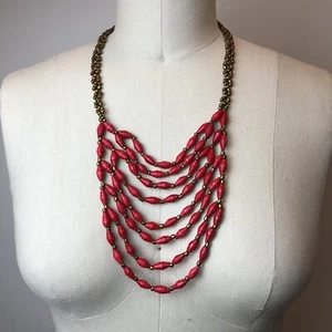 Artisan Handmade Red Rolled Paper & Bronze Metallic Layered Bib Boho Necklace - Picture 1 of 5
