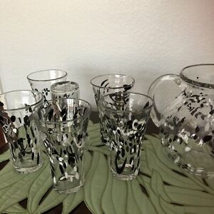 Amici Hand Blown Glass Tumblers Black White Confetti Swirl Pitcher + 6 glasses