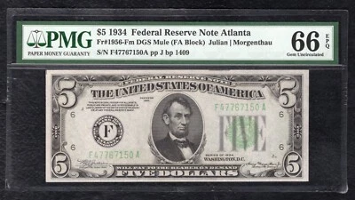 FR. 1956-Fm 1934 $5 MULE FRN FEDERAL RESERVE NOTE ATLANTA, GA PMG GEM UNC-66EPQ - Image 1 of 2