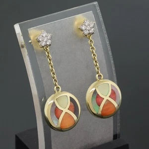 Asch Grossbardt 14K Gold Diamond Dangle/Drop Disc Multi-Gemstone Earrings Inlay - Picture 1 of 5