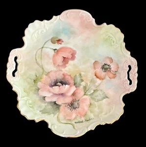 Vintage Porcelain Scalloped 10” Handled Plate Hand Painted Signed Excellent - Picture 1 of 6