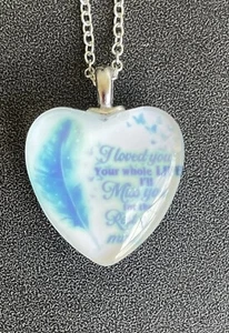 Heart Pendant Necklace Blue Feather I Loved You Silver Memorial Reversible - Picture 1 of 2