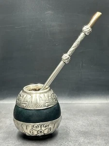 Vintage Alpaca Argentina Tea Gourd & Bombilla Straw Yerba Mate - Picture 1 of 19