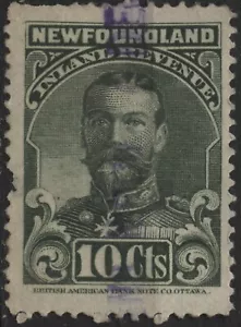 Canadá 1910 VanDam #NFR17 10c verde, perf 12, Nfld. Inland Revenue, usado - Imagen 1 de 1