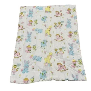 Vintage Pastel Animals 70s Baby Quilt Comforter Elephant Rocking Horse 31.5x40 - Picture 1 of 8