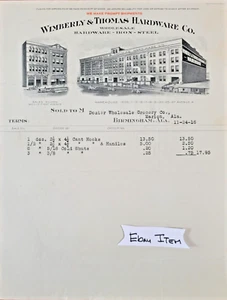 1916 BILLHEAD BIRMINGHAM ALABAMA WIMBERLY & THOMAS HARDWARE CO. - Foto 1 di 3