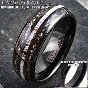 Personalized Black Tungsten Carbide Ring & Deer Antler & Meteorite Wedding Band - Picture 1 of 8