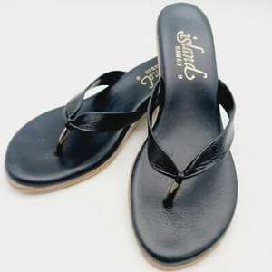 Shoe Island Hawaii Sandal Women 8 Black Leather Flip Flop Thong Slip On Beach - Picture 1 of 4