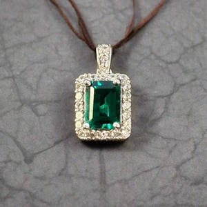 14k White Gold, Lab-Created Emerald & Natural Diamond Pendant - Picture 1 of 3
