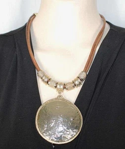 Chico's Gold Silver Tone Round Disc Pendant & Sliders Leather Cord Necklace - Picture 1 of 8
