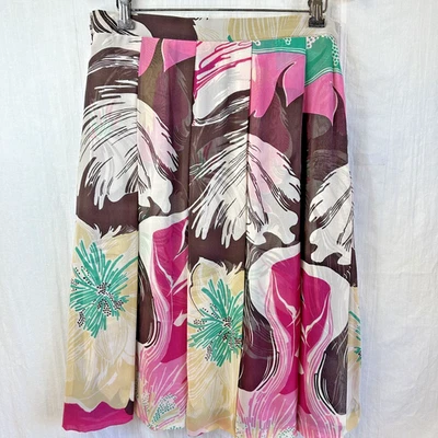 Ann Klein Women's Brown/Pink Floral Silk/Cotton Blend Pleated Midi Skirt Sz 6p - Image 1 of 4