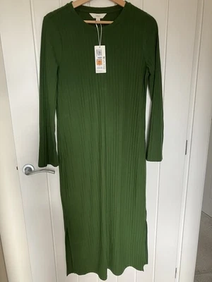 M&S RIBBED MIDI DRESS Size 10 Forest Green Crew Neck Ladies Knitted Dress Long - Image 1 of 4