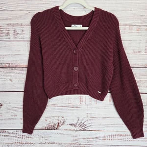 Hollister Womens Cable Knit Cardigan Crop Oversized Sweater S Burgandy Cozycore - Picture 1 of 10