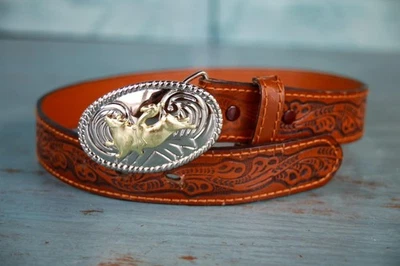 Nocona Kids 20" Belt Western Leather Bull Rider Two Tone Metal Oval Buckle - Image 1 of 4