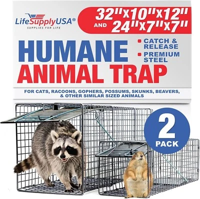 Heavy Duty Catch Release Large Live Humane Animal Cage Trap 32"x10"x12" & 24"x7" - Image 1 of 4