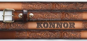 Kid Name Belt Wildlife Design Leather Custom Engraved Toddlers Boys and Girls - Picture 1 of 6