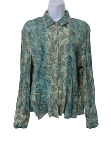Sz 14 Talbots 100% CRINKLE PURE SILK Shirt Top Button Up Green Animal Print Top - Picture 1 of 14