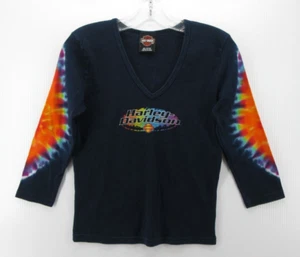 VINTAGE Harley Davidson Shirt Girls Large Blue Double Sided Tie Dye New York - Picture 1 of 10