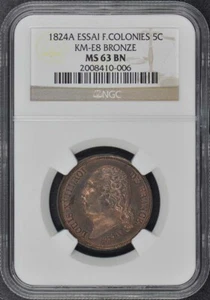 1824A ESSAI FRANCE 5C KM-E8 NGC MS63BN French Colonies Bronze - Picture 1 of 4