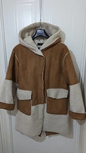 Zara Vintage Teddy Fleece And Faux Suede Hooded Long Coat Size 14 - Picture 1 of 4