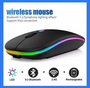 Wireless Mouse Bluetooth Optical 2.4GHz USB Rechargeable RGB Mice for PC Laptop - Picture 1 of 7