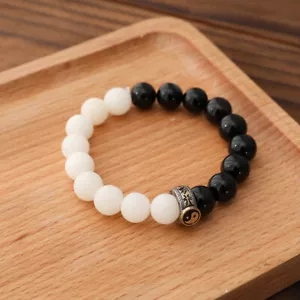 Wudang Taoist Tai Chi Transport Bead Bracelet White Jade Bodhi Black Agate - Picture 1 of 6
