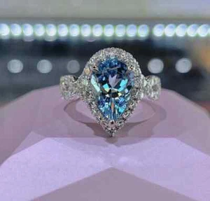 2Ct Pear Cut Lab-Created Aquamarine Halo Engagement Ring 14K White Gold Finish - Picture 1 of 6