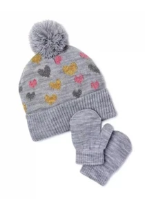 Wonder Nation Girls' Pom Pom Beanie Hat & Mitten Set Gray With Hearts NWT - Picture 1 of 2