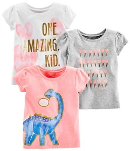 Girls' Short-Sleeve Shirts and Tops Pack of 3 Grey Hearts/Pink Dinosaur/White... - Picture 1 of 6