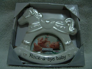 MALDEN WHITE CERAMIC BABY PICTURE FRAME ROCKING HORSE ROCK-A-BYE BABY - Picture 1 of 3