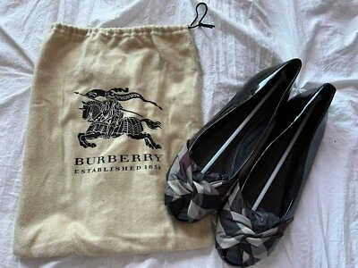 博柏利女式黑色专利芭蕾平底鞋带格子丝带扭结尺寸 8 LKNW — 第 1/4 张图片