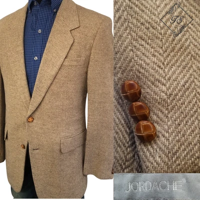Vintage Jordache Wool Tweed Herringbone Men Blazer 42R Sport Coat Jacket - Image 1 of 4