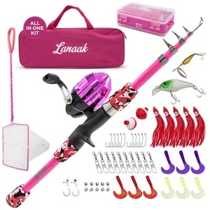 KIDS FISHING POLE Rod Reel Starter Kit Tackle Box Minnow Net Youth Pink LANAAK - Picture 1 of 6
