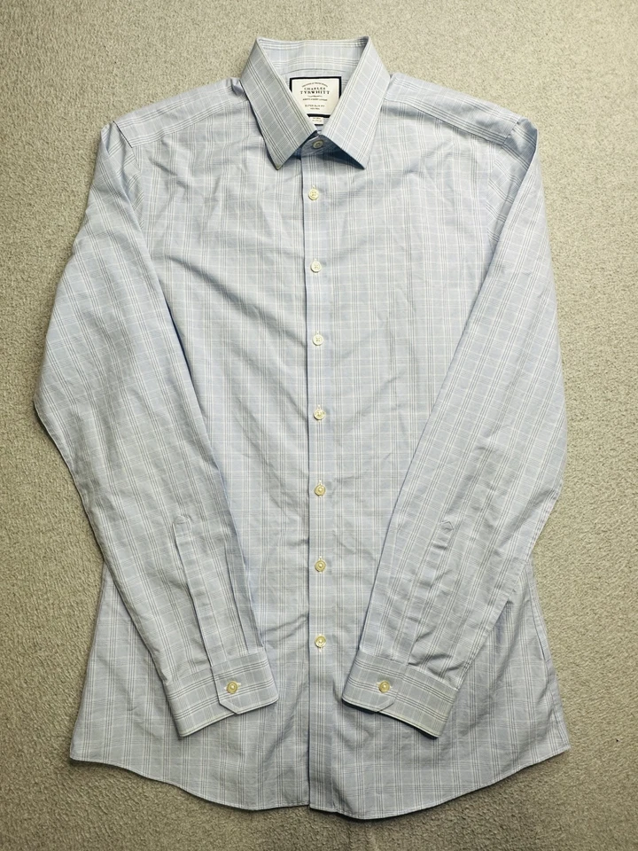 Camisa Charles Tyrwhitt Para Hombres 16 36 Grande Azul A Cuadros Vestido Súper Ajustado Sin Planchar Foto 1 de 4