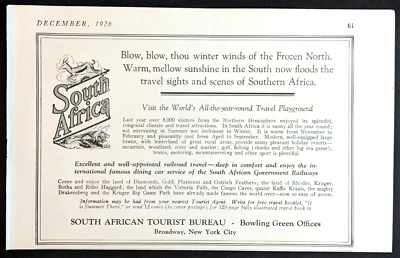Anuncio impreso antiguo original de publicidad de la Oficina de Turismo de Sudáfrica de 1926 Foto 1 de 2