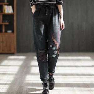 Women Embroidered Denim Trousers Thermal Jeans Pants Winter Warm - Picture 1 of 9