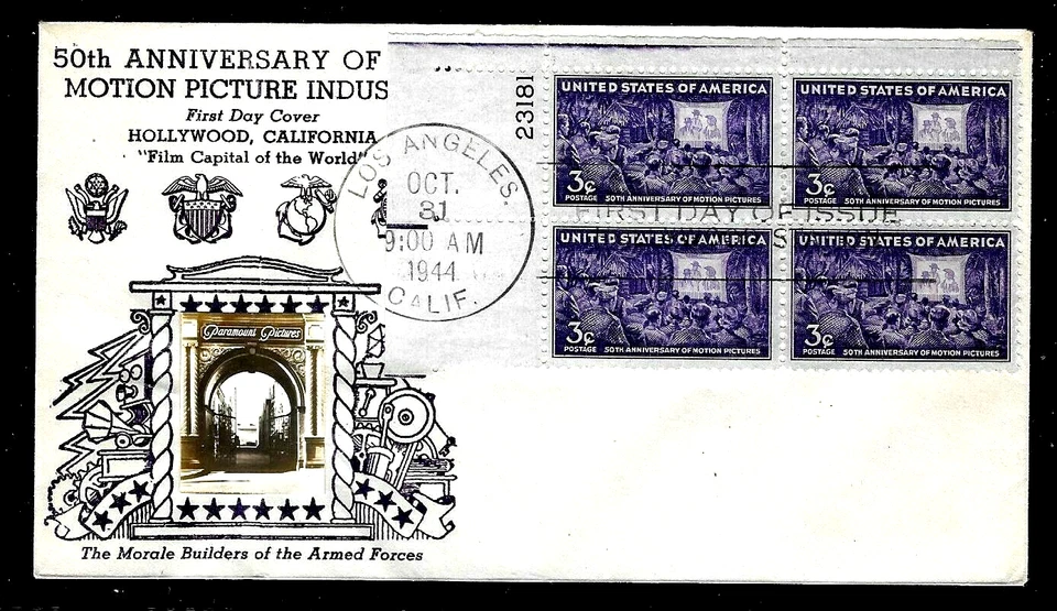 926 3c Stamp (1944) THE MOTION PICTURES FDC BY WALTER CROSBY - PLATE BLOCK !! - Image 1 of 1
