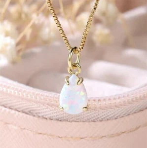 9ct Yellow Gold gf White Fire Opal Teardrop Pendant / Chain Gift Boxed (165) - Picture 1 of 10