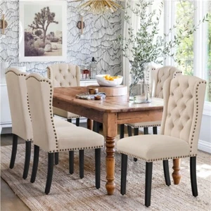 Dining Chairs Set of 2 Button Tufted Upholstered Dining Chairs with Wing Design - Picture 1 of 33