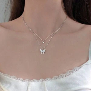 ANENJERY 925 Sterling Silver CZ Butterfly Necklace Double Layer Dainty Jewelry f - Picture 1 of 11