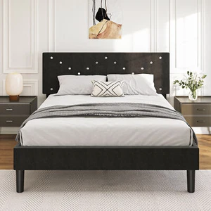 Queen Size Modern Platform Bed Frame with Upholstered Headboard & Wooden Slats - - Picture 1 of 8