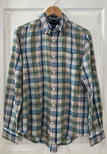Tommy Hilfiger Shirt Mens Small S Button Down Slim Fit Green Blue Plaid Roll Tab - Picture 1 of 22