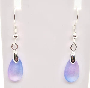 BLUE/PINK GLASS TEARDROP SILVER PLATED HOOK EARRINGS 4CM DROP E376 - Picture 1 of 4